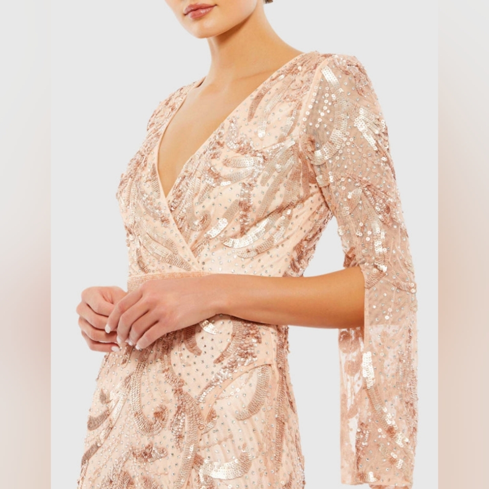 Mac DuggalSequined Faux Wrap Split Long Sleeve Gown - Picture 3 of 9